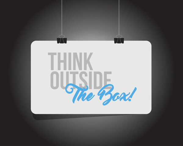 думать за пределами коробки висит баннер сообщение изолировано на черном фоне
