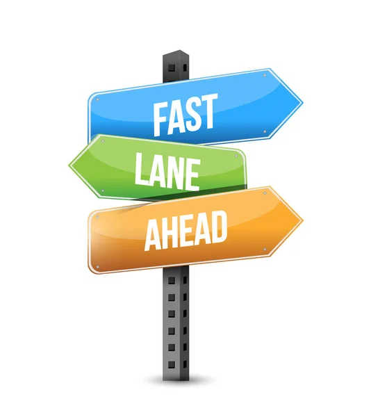 Fast Lane Ahead Multiple Destination Color Street Sign Isolated White — Stock Photo, Image