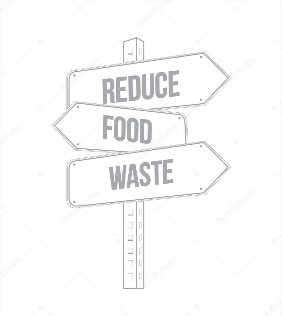 Reduce Food Waste multiple destination line street sign isolated over a white background