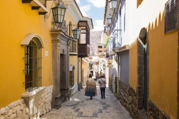 Jaen Street Paz Bolivia Centrum Ljusa Sommardagar Cholita Gångavstånd Ner — Stockfoto