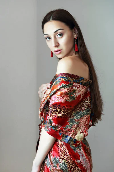 Ipek Elbise Poz Güzel Hint Arap Kadın — Stok fotoğraf