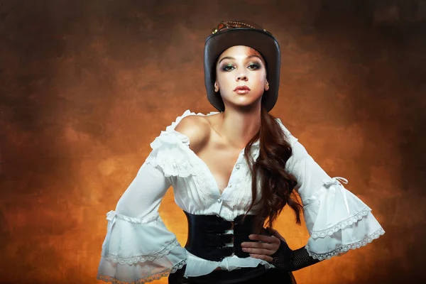 Belle Femme Tenue Victorienne Blanche Chapeau Steampunk — Photo