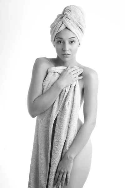 Beautiful Woman Wrapped Towels Shower Black White Skin Care Concept — Stockfoto