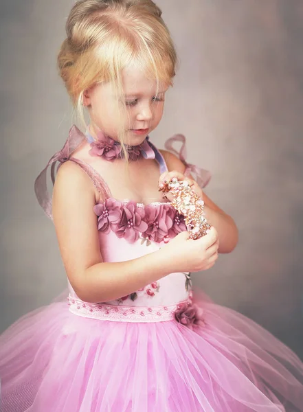 Hermosa Niña Pequeña Princesa Rosa Vestido Agujero Corona Sus Manos — Foto de Stock