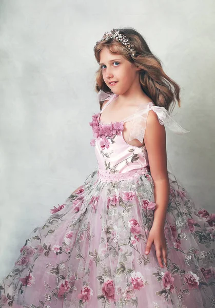 Vackra Lilla Prinsessa Rosiga Rosa Klänning Klänning Och Kristall Krona — Stockfoto