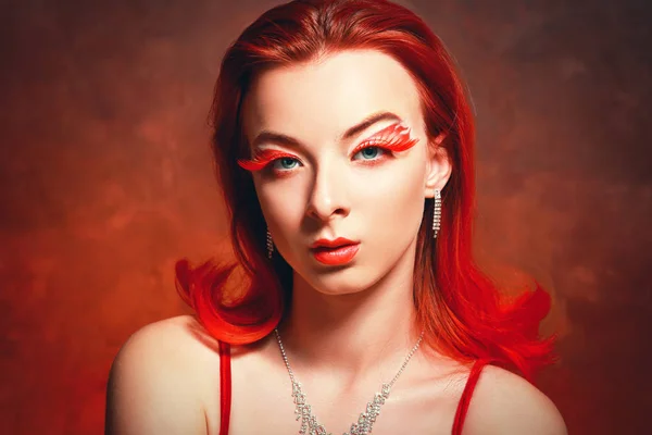 Beautyful Girl Red Hair Red Eyelashes Fantasy Make — Stock Photo, Image