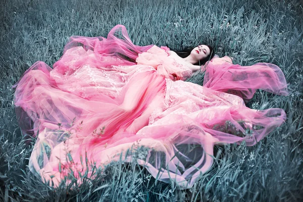 Sleeping Beautiful Young Woman Fairy Tale Lying Silver Grass — Stock Photo, Image