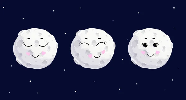 Desenhos animados bonitos lua cheia emoções diferentes conjunto de personagens, vetor —  Vetores de Stock