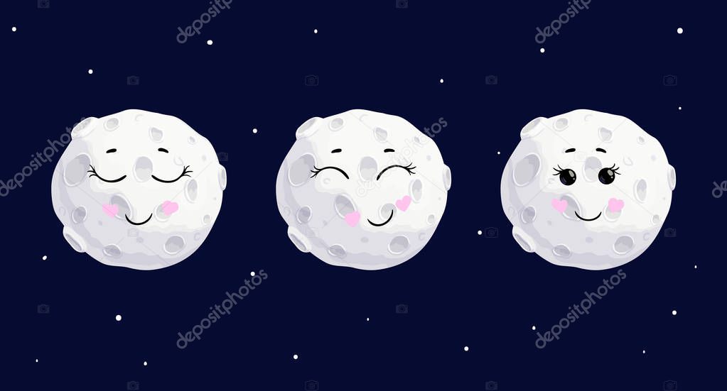 Cute cartoon full moon different emotions character set, vector