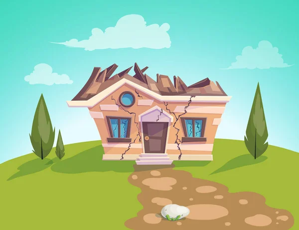 Haus zerstört Fassadenvektor. Risse in Häuserwänden. Sachversicherung. Illustration eines Cartoon-Landhauses in der Sommersaison — Stockvektor