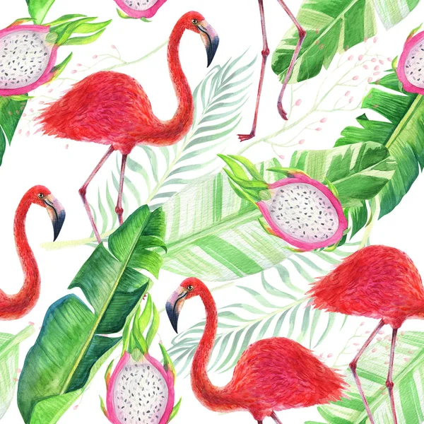 Flamingo, folhas e frutas Padrão sem costura. Aquarela tropical pintura ilustração exótica. Para têxteis de design, fundo para convite, casamento ou modelo de cartão de aniversário — Fotografia de Stock