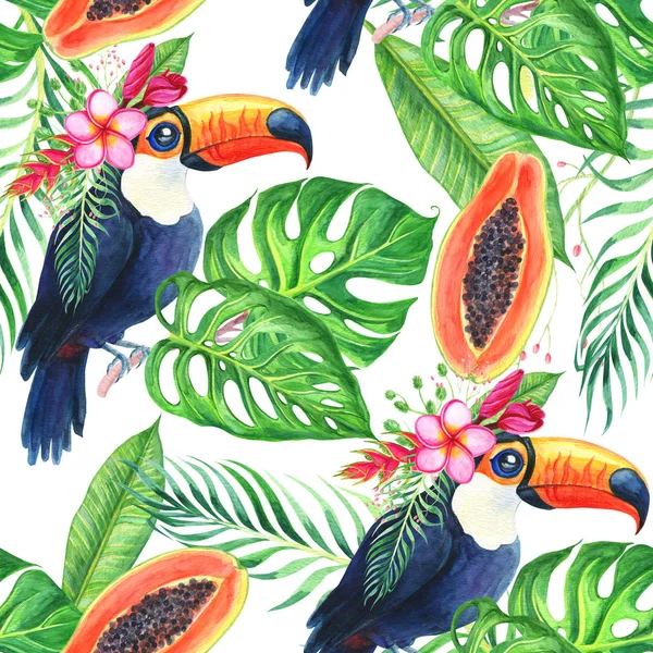 Toucans, levelek, virágok és gyümölcsök papaya folytonos mintázat. Akvarell trópusi egzotikus illusztráció festmény. Tervezésbeli textíliák, meghívó-, esküvői vagy születésnapi üdvözlőlap-sablon — Stock Fotó