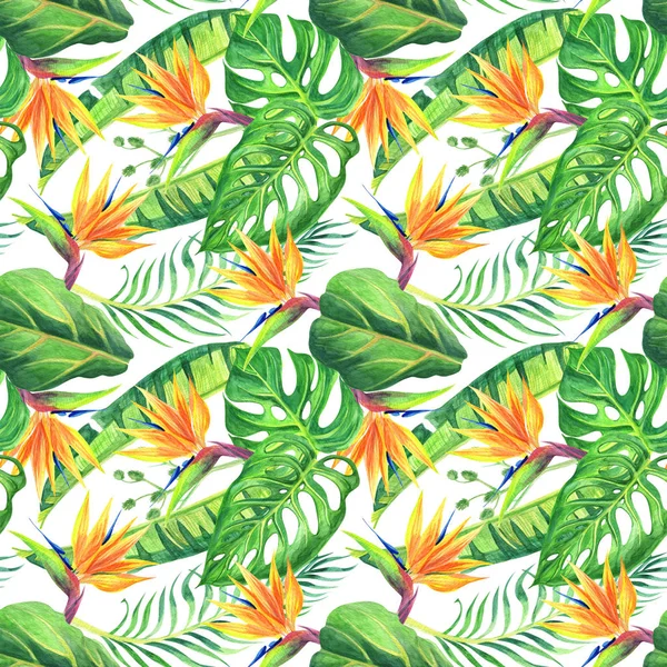 Varrat nélküli mintát akvarell nyári trópusi virágok és levelek. A design textíliák, meghívó, esküvői vagy megnyitott születésnapi üdvözlőlapsablonhoz háttér — Stock Fotó