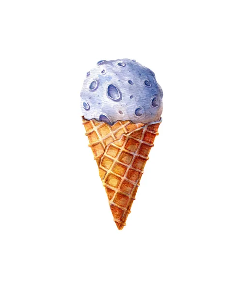 Cone Waffle aquarela com o desenho animado lua isolado no fundo branco. cone de sorvete para têxteis de design, fundo para o modelo de cartão de aniversário, tela de tela ou padrão — Fotografia de Stock