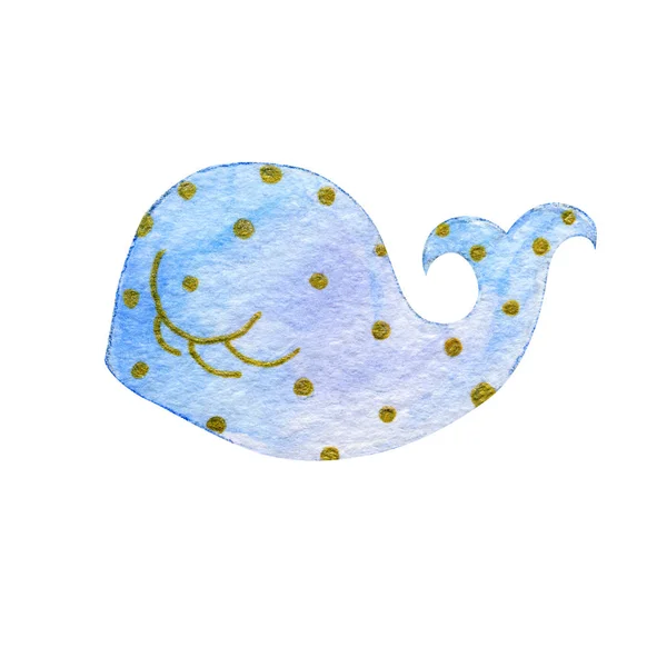 Aquarelle Baleine bleue mignonne dans un point d'or isolé sur fond blanc. Conception peinte à la main pour la fête des mères, fête des femmes, mariage, enregistrer la date, carte, vacances — Photo