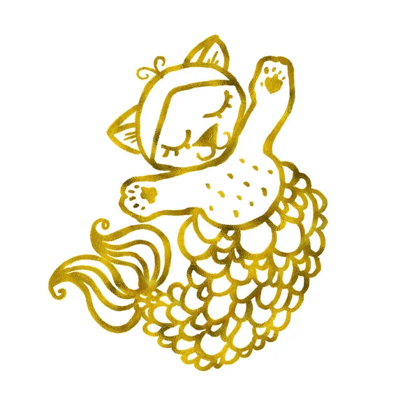 Cute doodle cat mermaid with fish gold isolated on white background. Hand painted design for mothers day, womens day, wedding, save the date, card, holiday