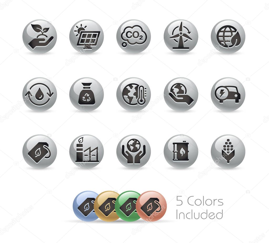 Ecology and Renewable Energy Icons // Metal Round Series - The vector file includes 5 color versions for each icon in different layers.