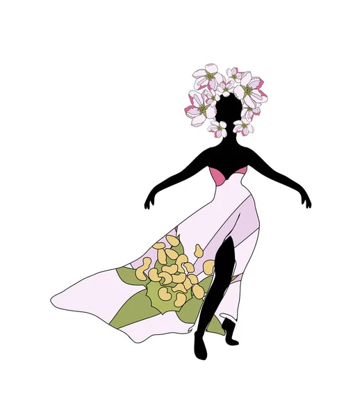 穿着长裙的年轻女子 有种族图案 女孩头上的花朵花环 — 图库矢量图片
