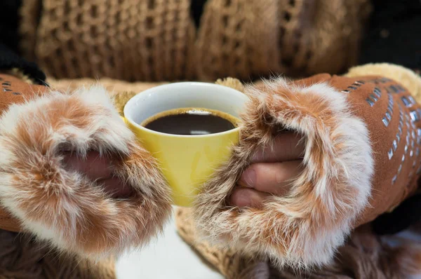 Cup Hot Coffee Day Winter Cold Warm Scarf Mittens Brown — Stock Photo, Image