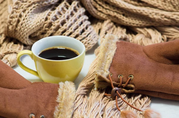 Une Tasse Café Chaud Jour Froid Hivernal Écharpe Chaude Mitaines — Photo