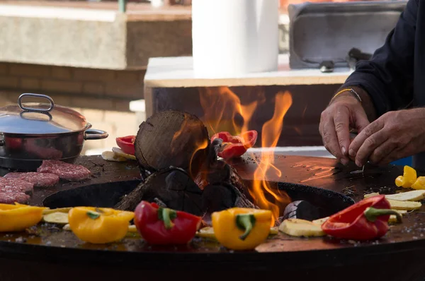 Meat Steaks Sausages Vegetables Cooking Grill Smoldering Coals Barbecue Picnic — Stock Photo, Image