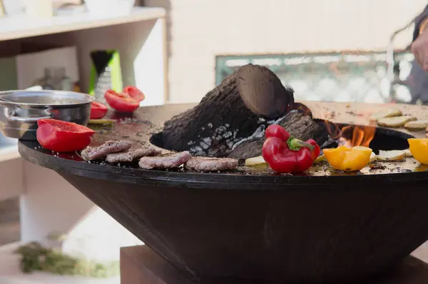 Meat Steaks Sausages Vegetables Cooking Grill Smoldering Coals Barbecue Picnic — Stock Photo, Image