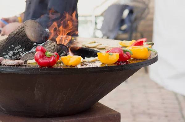 Meat Steaks Sausages Vegetables Cooking Grill Smoldering Coals Barbecue Picnic — Stock Photo, Image