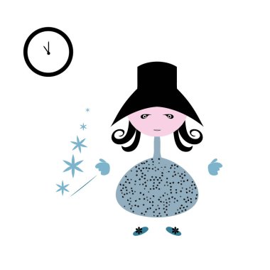 Yeni yıl ve yılbaşı gecesini sihirli değnek ile Noel karikatür doll. Çocuk sihirli desen.