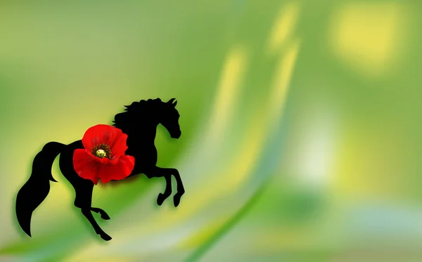 Silhouette horse. spring poppies flowers spring day. Women's spring holiday