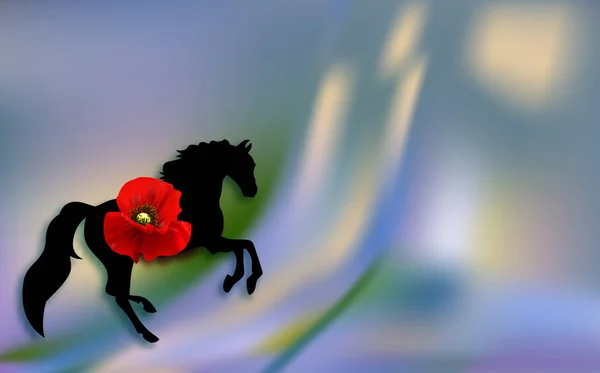 Caballo de silueta. flores de amapolas de primavera día de primavera. Vacaciones de primavera para mujeres — Vector de stock