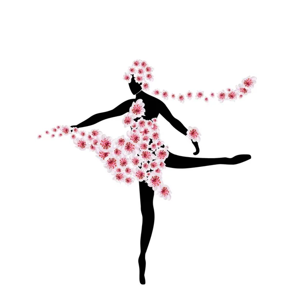 Rosa Körsbärsblom sakura blommor i klänning och hår av ung flicka. Japanska — Stock vektor