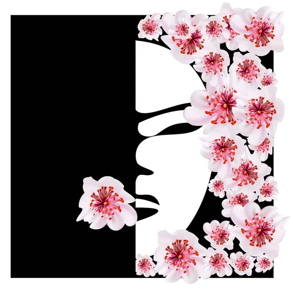 Pink cherry blossom sakura flowers in dress and hair of young girl. Japanese — Stock Vector