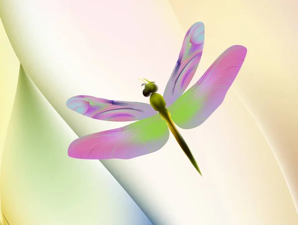 Cartoon glückliche Libelle Neonlicht. Libelle auf bunt verschwommenem Hintergrund. — Stockvektor
