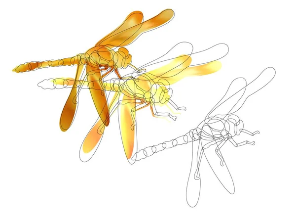 Kreslený šťastný dragonlet neonové světlo. Dragonfly na barevném rozostřené pozadí. — Stockový vektor