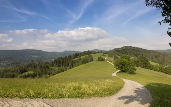 Hill Road Widok Góry Beskid Śląski Obszar Wisła Malinka Polsce — Zdjęcie stockowe