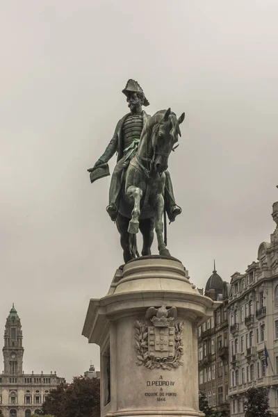 Oporto Portugal Junio 2018 Estatua Pedro Sobre Caballo Ubicada Plaza — Foto de Stock