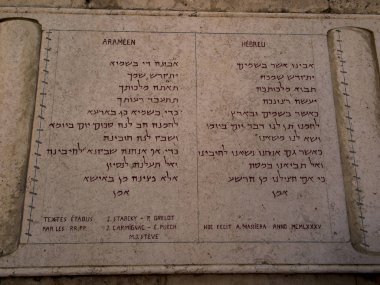 Jerusalem, İsrail - 13 Temmuz 2015: Metin İbranice ve Aramice (İsa dilleri) birinde duvarları Pater Noster zeytin Dağı üzerinde kilise içinde bulunan Pater Noster Namazın. İsrail