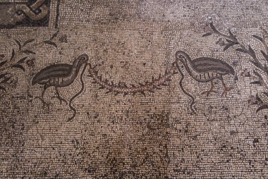 Tabgha, İsrail - Juli 9: Antik mozaik. Çarpımı somun ve balıklar, Tabgha, İsrail, Juli 14, 2015 Kilisesi.