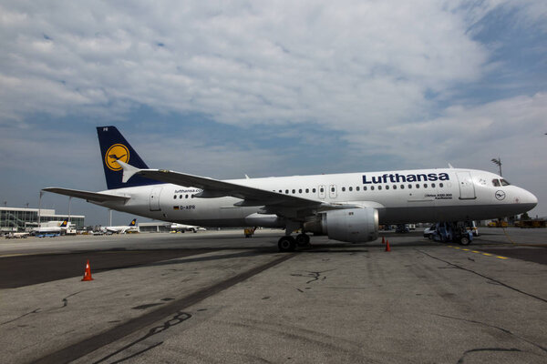 Munich, Germany, June 17, 2018: Airbus A 320-200 plane of the Lufthansa line standing at the Munich airport