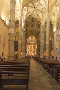 Lizbon, Portekiz, 16 Haziran 2018: Ayrıntı iç Jeronimos Monastery veya Lizbon, Portekiz, aka Santa Maria de Belem manastır manastırda. Unesco Dünya Mirası olarak Manuelin sanat şaheseri olarak sınıflandırılmış.