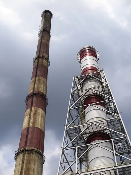 Two High White Red Chimneys One Concrete Other Protected High — Stock Photo, Image