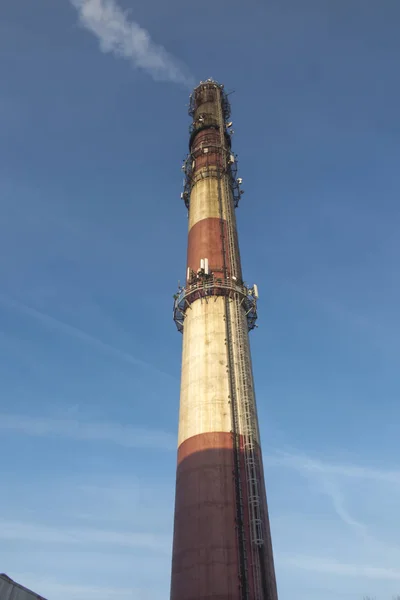 Industrial white, red, high concrete chimney — Stock Photo, Image