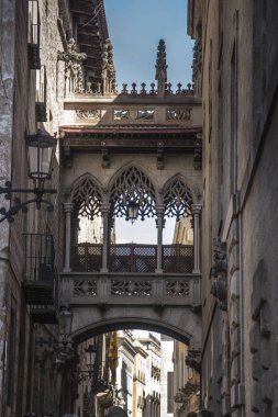 Barselona Gotik Mahallesi'nde Pont del Bisbe ve dar sokak