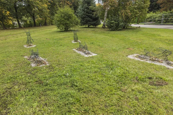 Rabbits made of wire on a lawn, forming a skeleton for planting — Stock Photo, Image