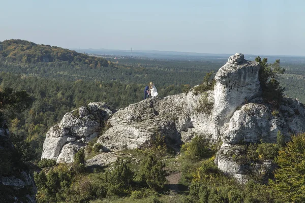 A pair of newlyweds during a photo session on the rocks against — Stock Photo, Image