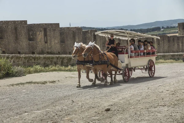 Carcassonne, Franciaország Június 25, 2019: Turisták lovagolni a ló-draw — Stock Fotó
