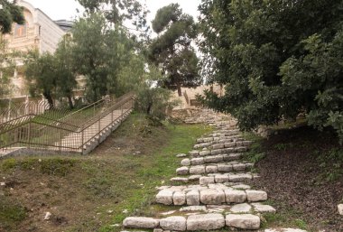 Kudüs, İsrail, Gallicantu 'daki Aziz Peter Kilisesi yakınlarındaki antik merdivenler birçok Hıristiyan İsa' nın tutuklandığı gece Gethsemane 'ye giden bu yolu izlediğine inanıyor.