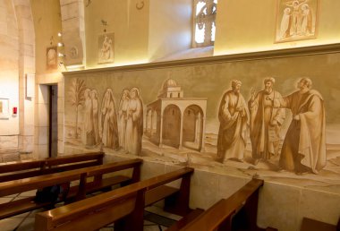 Bethphage, İsrail, 30 Ocak 2020: Fresco, İsrail 'in Kudüs' e zaferle giriş yaptığı Zeytin Dağı 'ndaki Betfage Mabedi' nde.