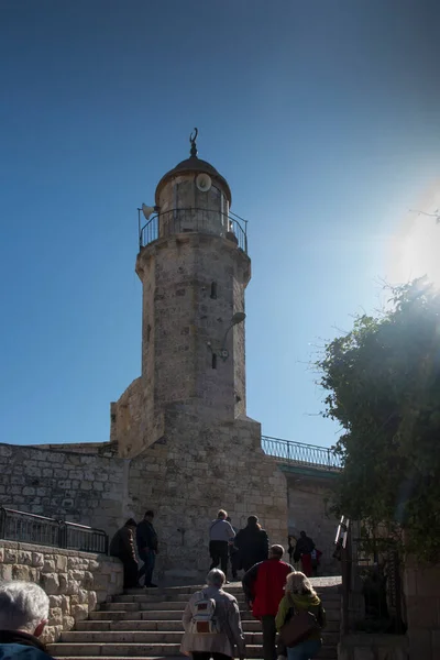 Minaret Poblíž Kaple Nanebevzetí Panny Marie Olivové Jeruzalémě Izrael — Stock fotografie