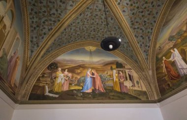 Ein Karem, Jerusalem, Israel, January 29, 2020: Fresco depicting the meeting of Mary with Elizabeth at the Sanctuary of the Visitation in En Kerem, Israel clipart